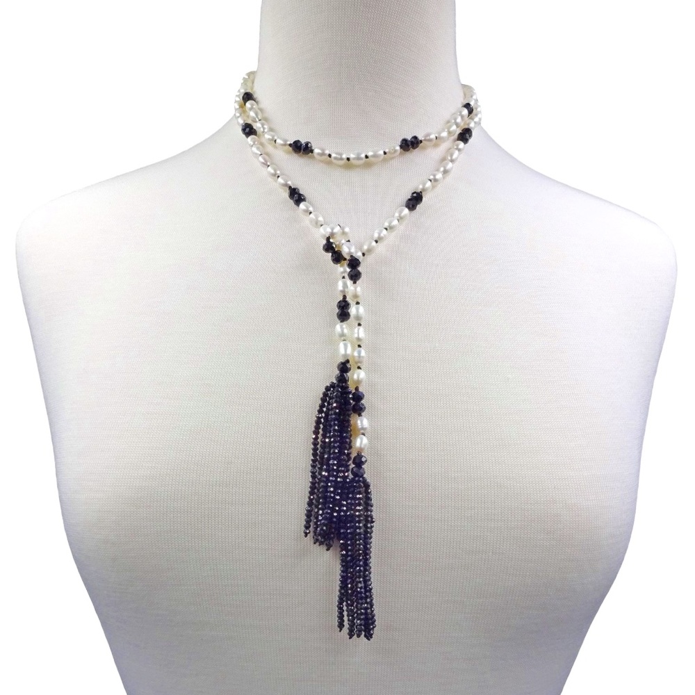 Pearl & Crystals Lariat Style Necklace w/ Tassels
